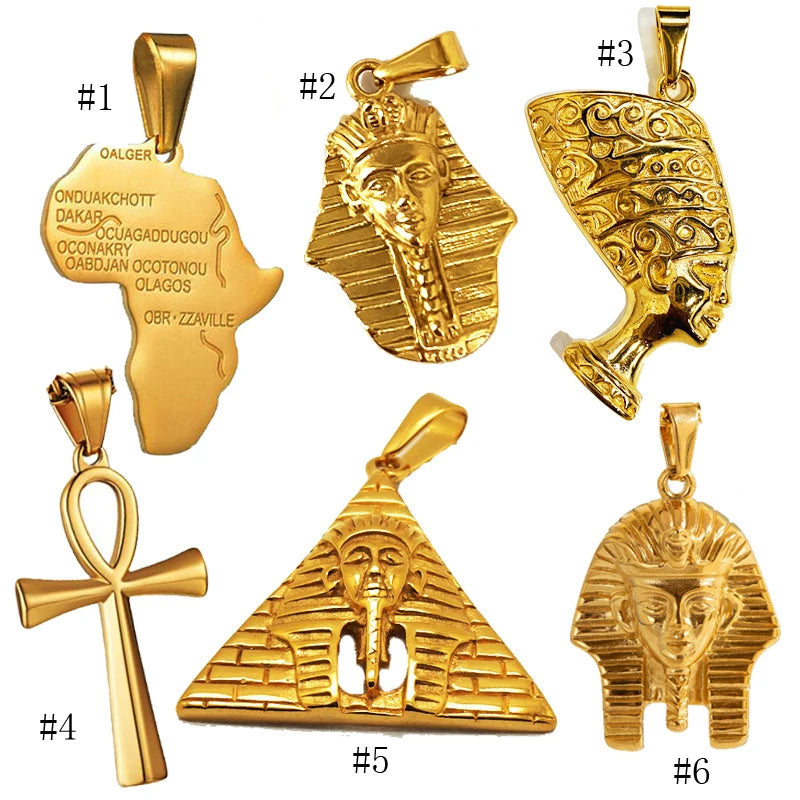 Vintage Egyptian Pyramid King Tut Necklace Stainless Steel Gold Egypt Queen Nefertiti Pendant Ankh Cross Charm Jewelry for Women