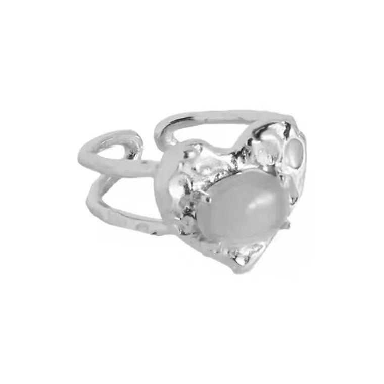 Vintage Brass Silver Plated Opening Adjustable Ring Love Heart Charm Natural Stone Gemstone Moonstone Rings