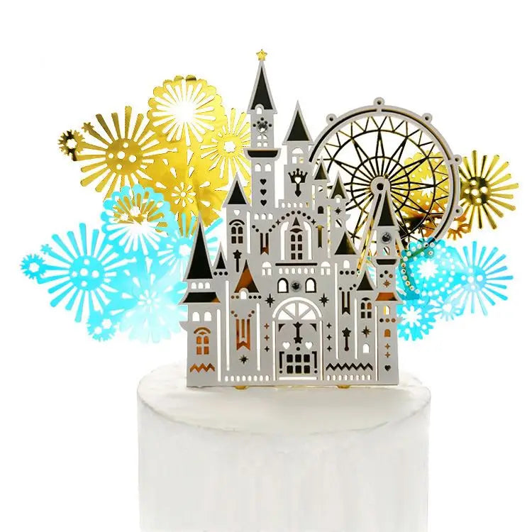 Fashion Acrylic Happy Birthday Gold Castle Ferris Wheel Acrylic Cake Topper