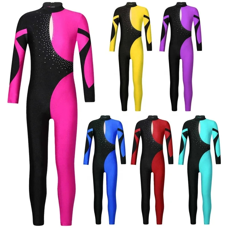 Kids Girls Stylish Clothing Long Sleeve Bodycon Stage Performance Hollow Back One-Piece Dance Jumpsuit