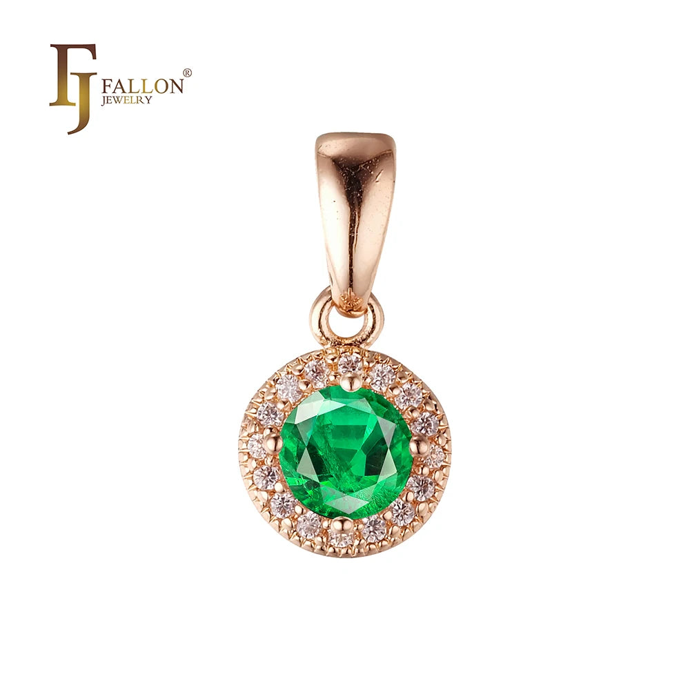 FJ Fallon Fashion Jewelry Solitaire Halo Emerald Green CZ Pendant Plated in Rose Gold Brass Based