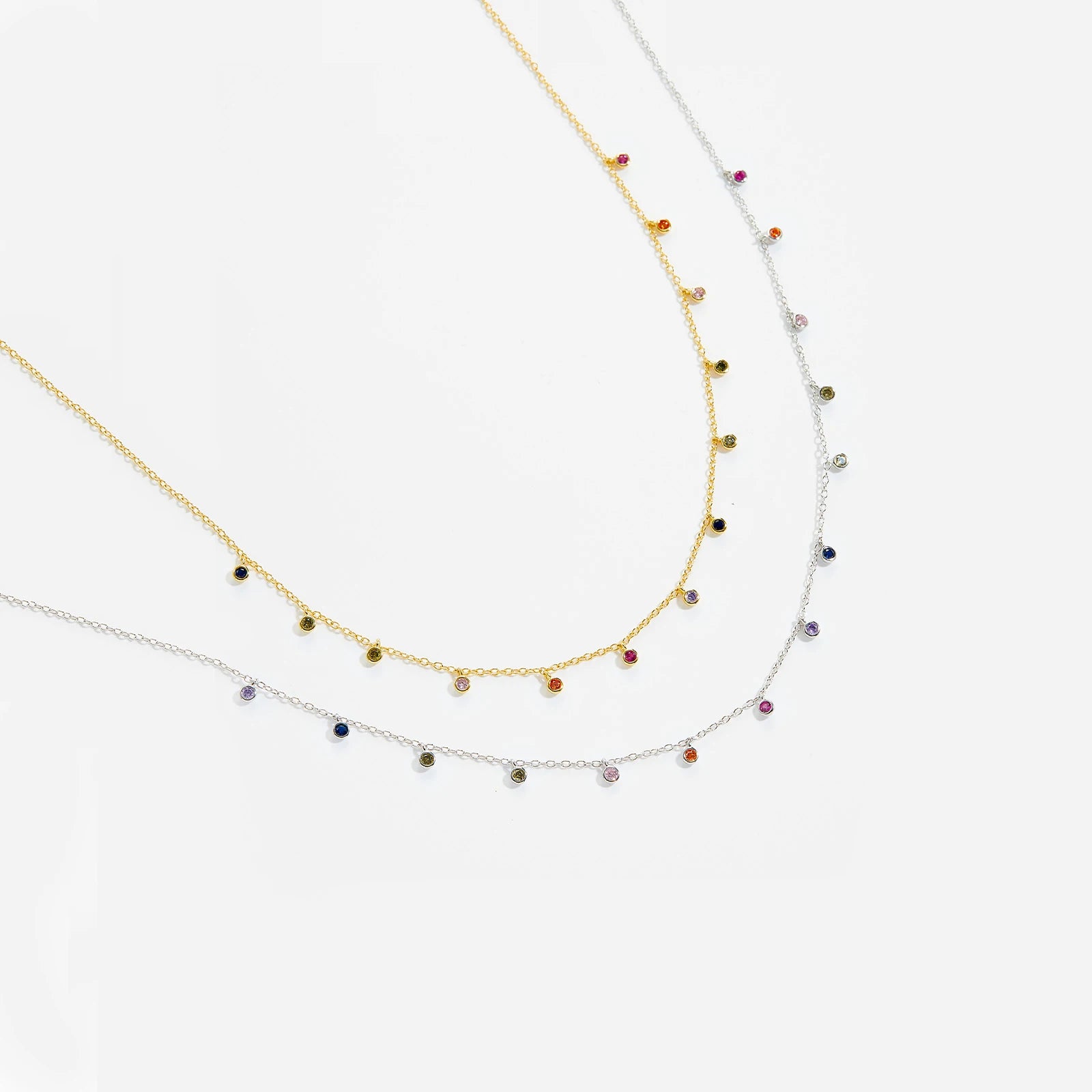 FUAMAY Oem 925 Silver Rainbow Bezel Stone Cubic Zirconia Necklaces Choker for Woman Colorful Rainbow Diamond Pendant Necklace