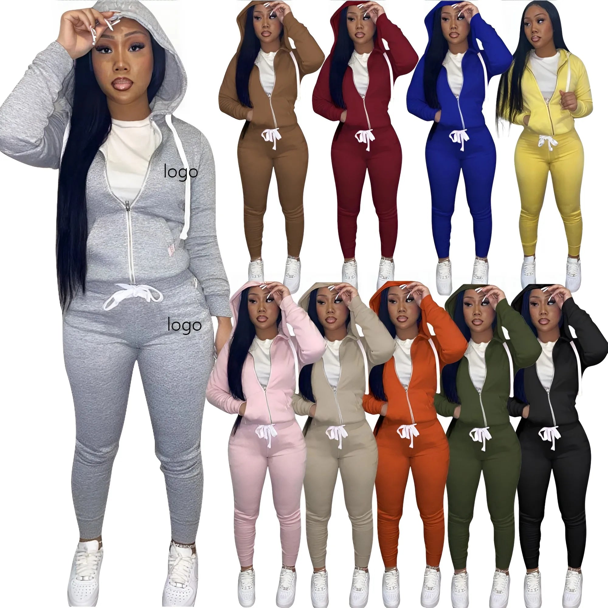 Full Zip up Plain Hoodie and Sweatpants Two Piece Set Women Clothing Ladies Track Suit 2 Piece Set Hoodies Sets Custom Logos
