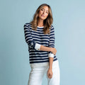 Women's Organic Cotton Nautical Striped Pullover Premium Casual Boat Neck Spring Sweater Breathable Knitted Front Logo Thin
