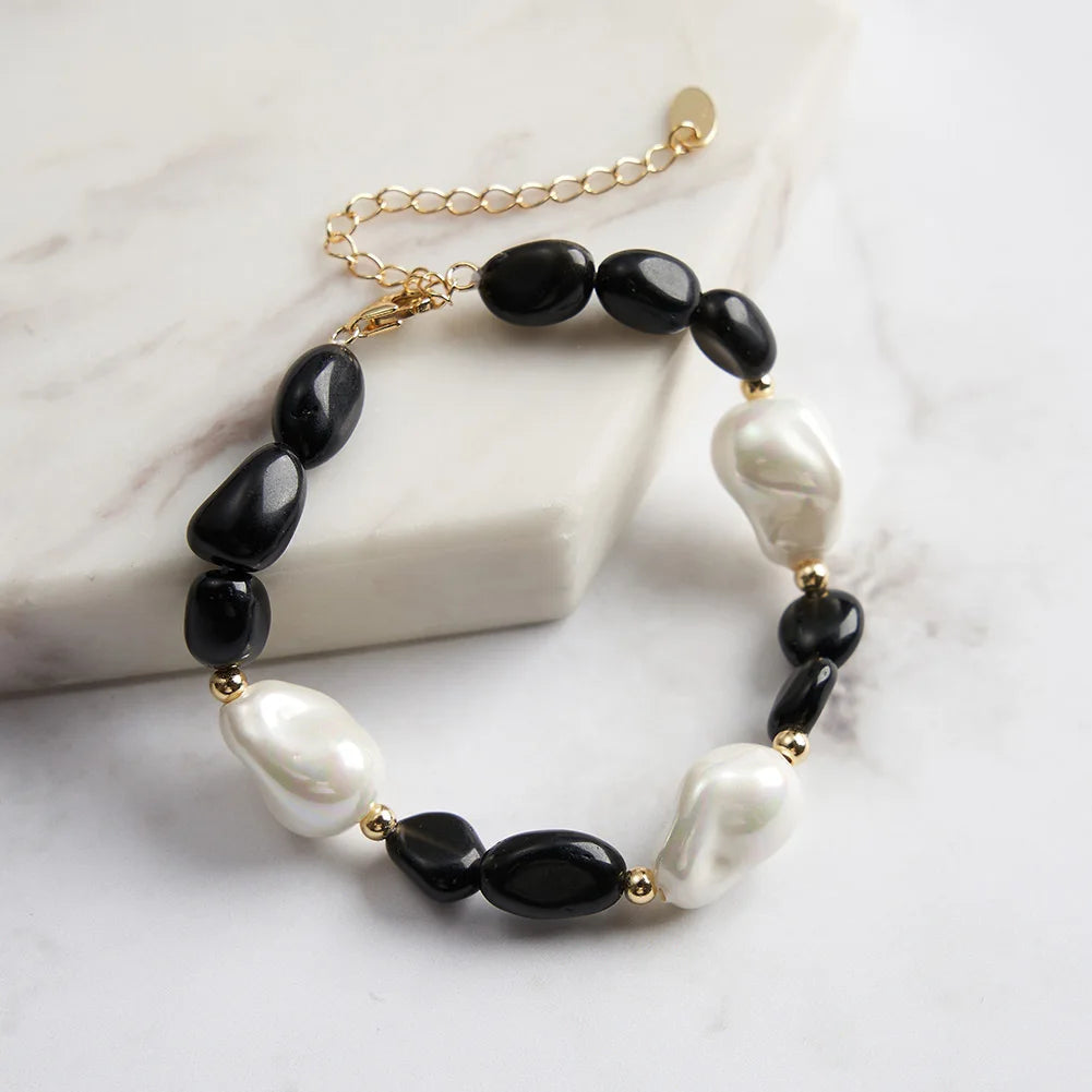 RINNTIN GMB63 Wholesale Natural Irregular Obsidian Fashion Jewelry 925 Sterling Silver Obsidian Baroque Pearl Bracelet