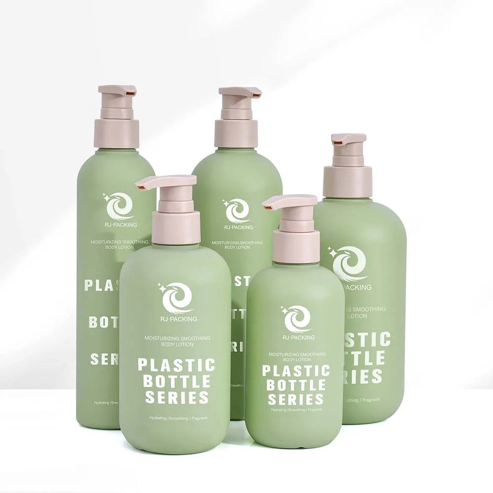 Matte Green pink HDPE Plastic Cosmetic Packaging Custom Luxury Hotel Squeeze Empty Body Lotion Shampoo Bottle Set 300ml 500ml