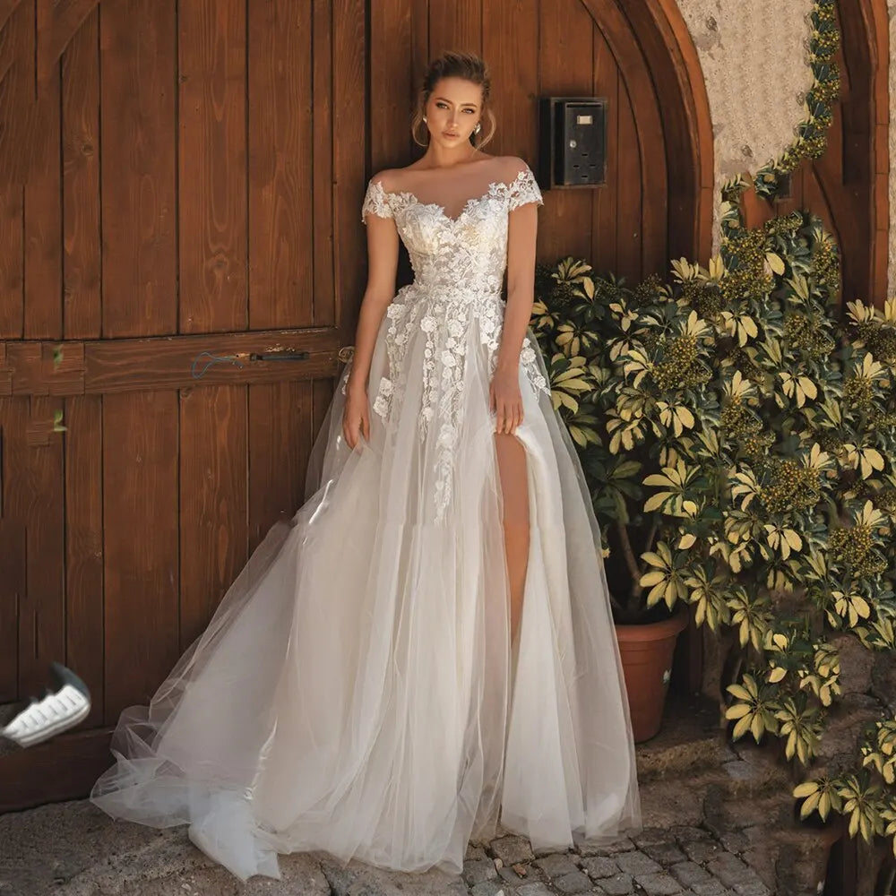 #13180 A-Line Wedding Dress Boho Sexy Illusion Neckline Lace Appliques Sheer Back Bridal Dress Plus Size Vestido De Noiva