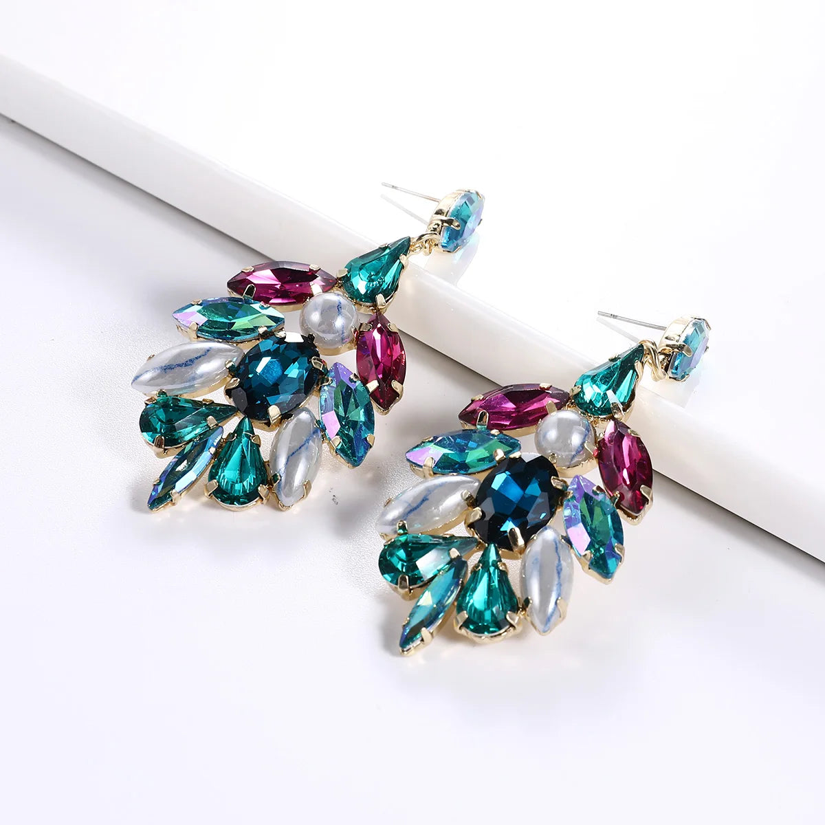 2023 Newest Long Glass Leaf Dangle Earrings Women Multi Layer Crystal Rhinestone Pearl Water Drop Earrings Jewelry