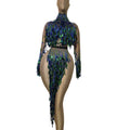 Top + High Slit Skirts Women Nightclub Stretch Pole Dance Performance Stage Costume Sexy Sequins Tassel Latin Dance Outfit Sets