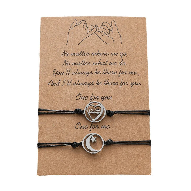 2 Pcs/set Couple Bracelet for Women Lover Sun Moon Star Heart Handmade Braided Rope Charm Friendship Girlfriend Jewelry Gift
