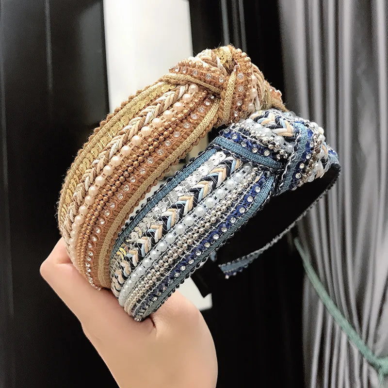 Sayoung American European Bohemian Hairband Pearl Rhinestone Vintage National Style Non-slip Autumn Winter Headband