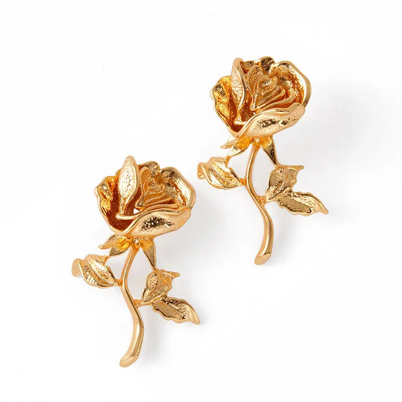2025 New Arrival Fashion Jewelry Accessories Genuine Gold Plated Retro Blooming Beautiful Brass Rose Flower Stud Earrings