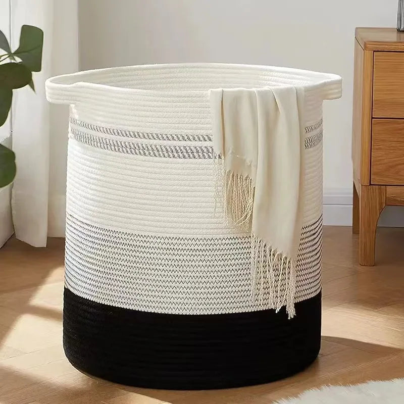 Nordic Eco-Friendly Foldable 100% Cotton Rope Woven Storage Basket Handle for Clothing Toys Sundries Organization Customized