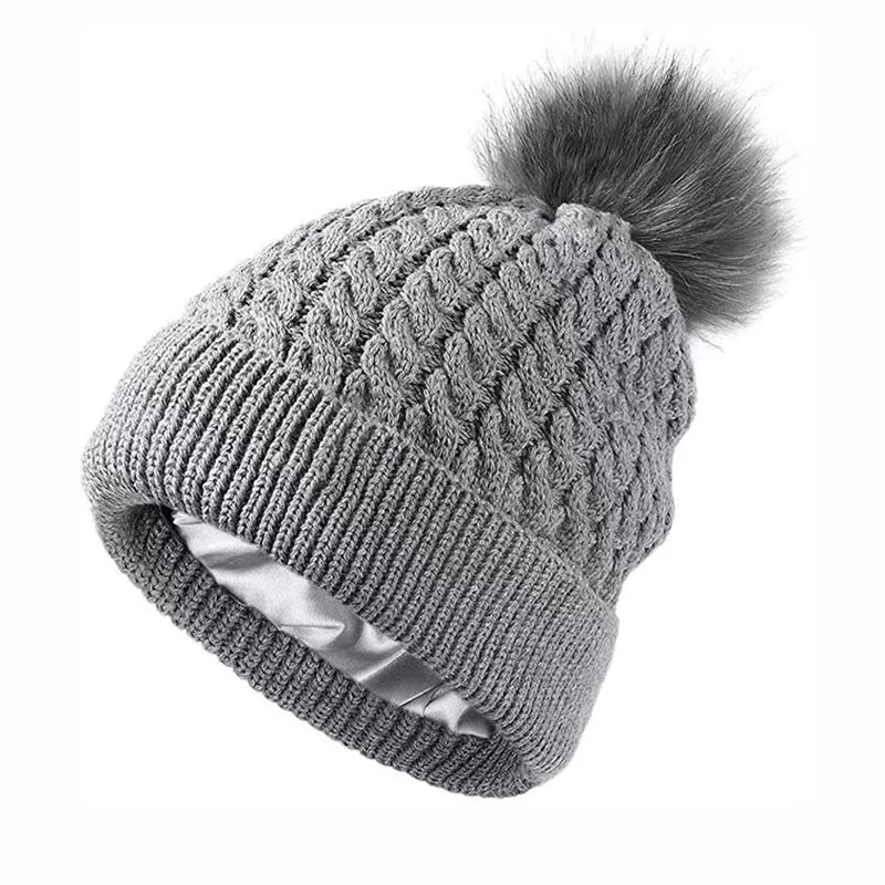 MIO Slouchy Cable Beanie Silky Soft Washed Warm Hat Removable Pom Pom Knitted Satin Lined Beanie Hats for Women Hair Protecting