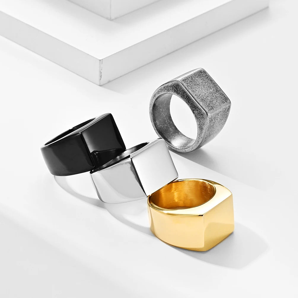 Trendy Men's Punk Square Stainless Steel Finger Signet Ring Custom Engraving Blanks 18K Gold Engagement Ring for Gift