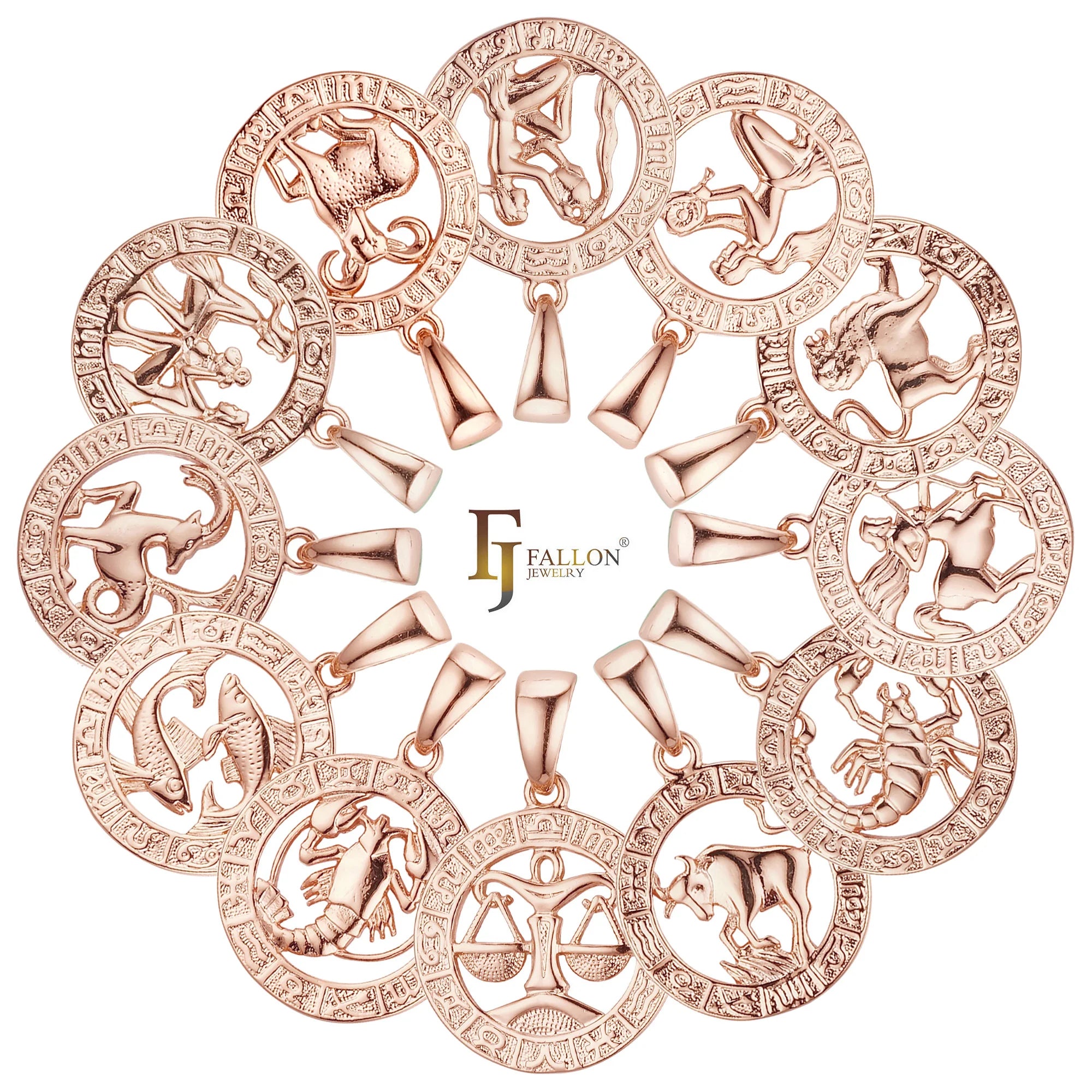 FJ Fallon Fashion Jewelry Pendant Zodiac Circle of Zodiac Plated in Rose Gold Brass Based