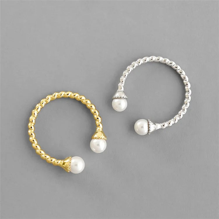SP Dainty Pearl Rings Jewelry Twisted Open Ring Adjustable 18K Gold Plated 925 Sterling Silver for Women Fashion Geometric