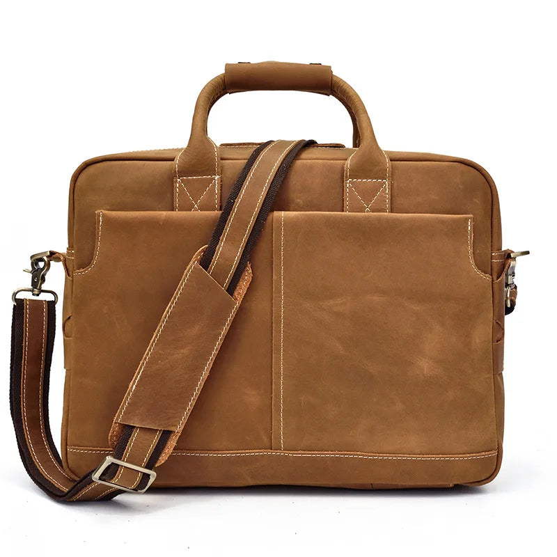 SCHLATUM Vintage Brown Crazy Horse Genuine Leather Office Laptop Briefcase Bags Soft Hard with Zipper Closure for Business Use