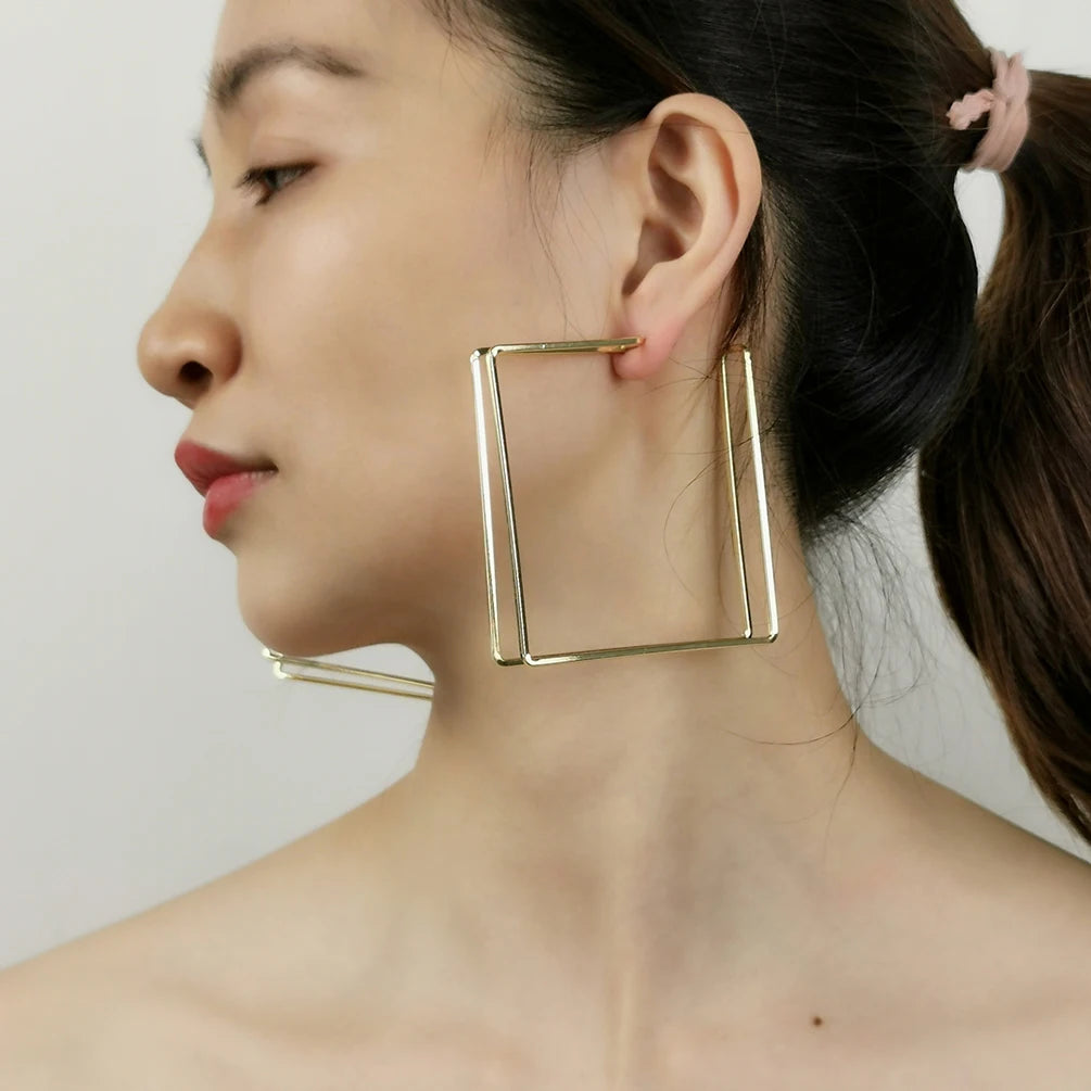 European and America New Fashion Gold Plated Statement Earrings Punk Simple Square Hoop Earrings for Women Exquisite Jewelry