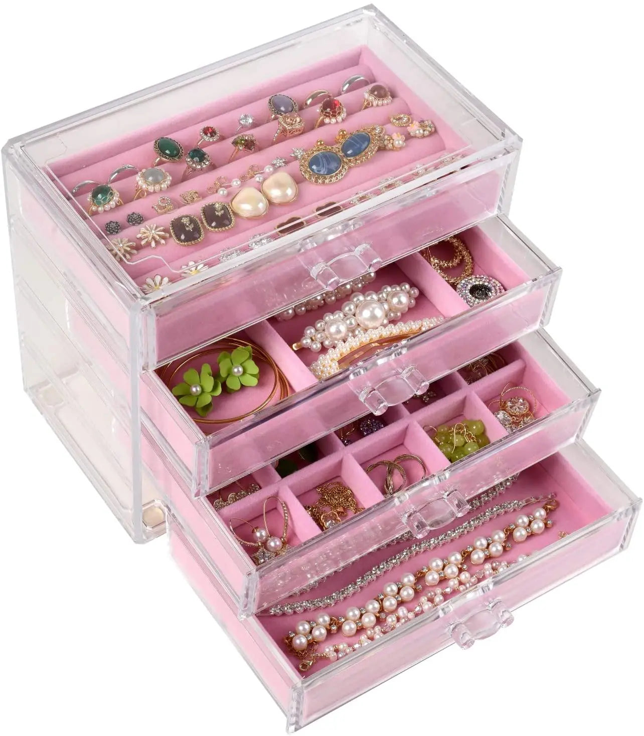 Clear Acrylic Jewelry Organizer Box with 4 Deep Drawers for Storing Rings Earrings Necklaces Bracelets Velvet Display Storage Ac