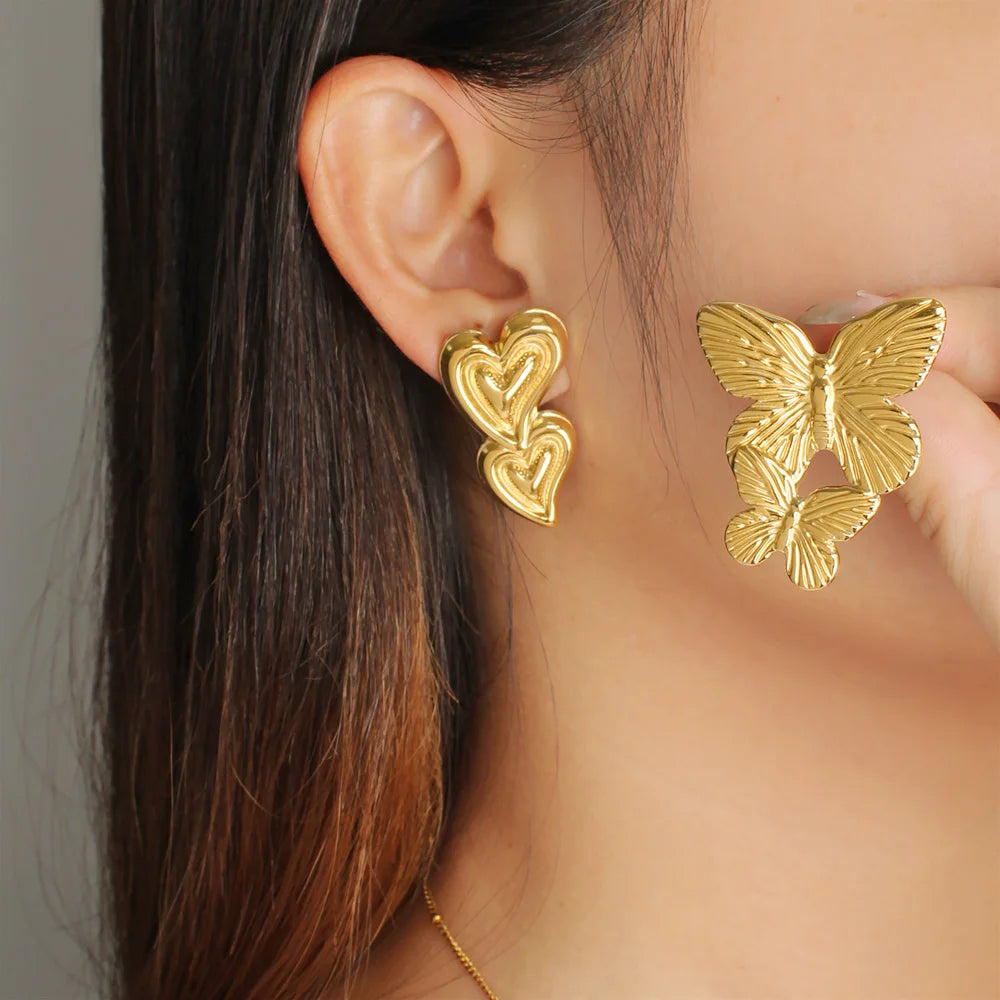 Fashion  Double Butterfly Heart Shaped Stainless Steel Stud Earrings for Women Gold Plated Custom Jewelry