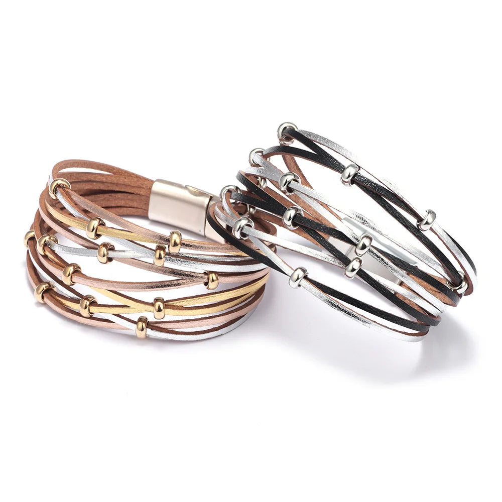 Bohemian Multiple Leather Bracelet Fashion Gold Silver Beaded Braid Magnetic Buckle Leather Bracelet Women Gifts for Women