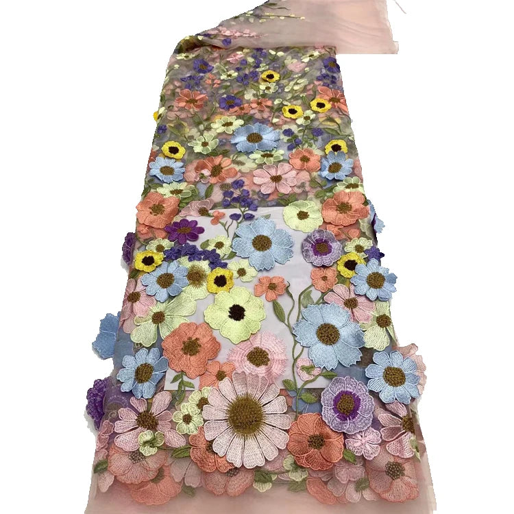 Custom French Mesh Fabric Sequins Embroidery Polyester Cotton Flower Designer Sewing Quilting DIY Material Textile