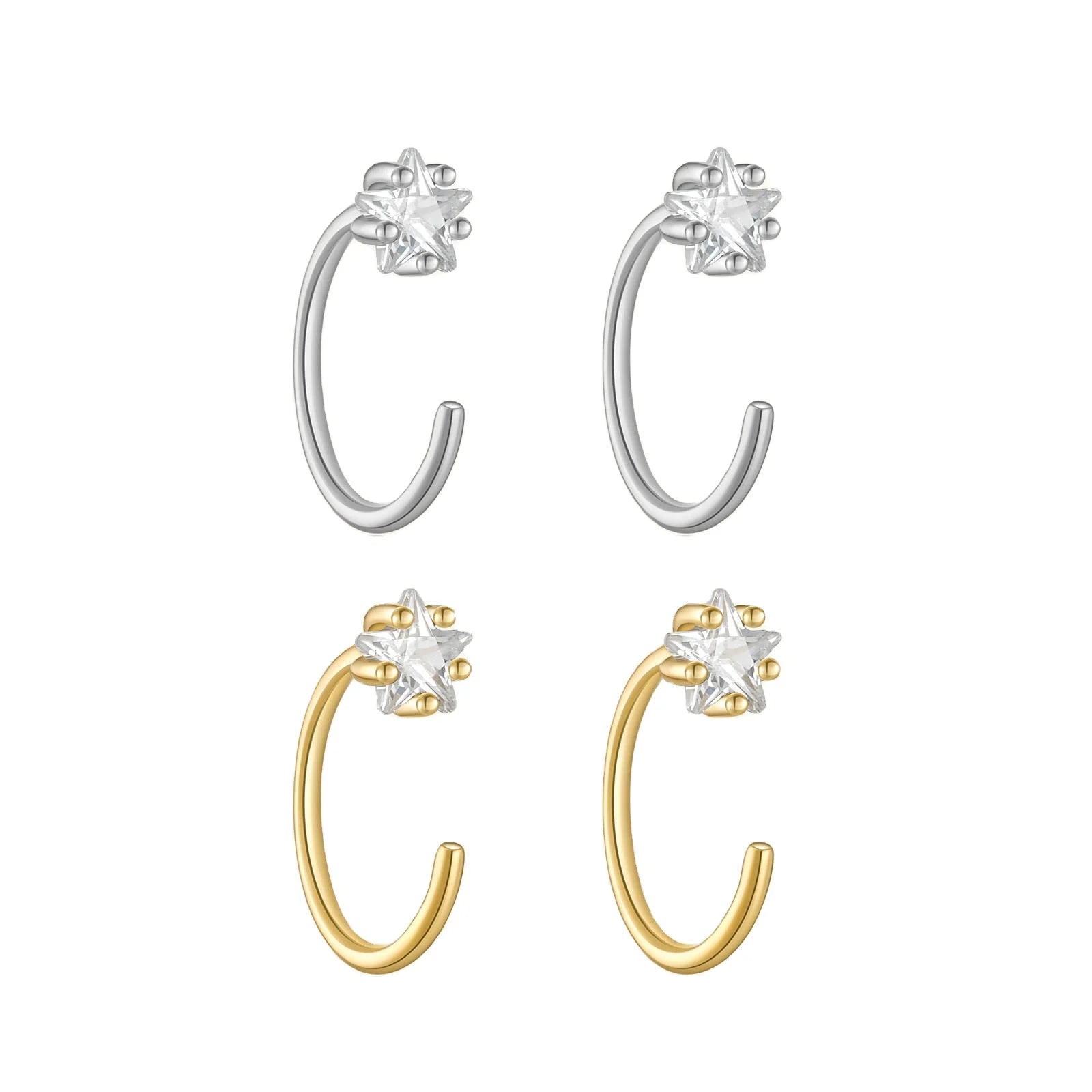 FUAMAY Sterling Silver 925 Jewellery Star Earrings Silver Piercing C Hoop Earrings for Sensitive Ears