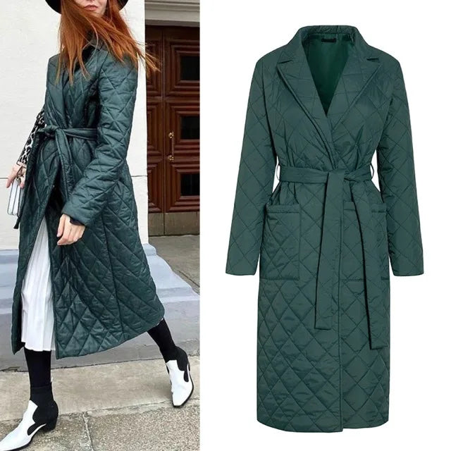 Long Straight Winter Coat With Rhombus Pattern Casual Sashes Women Parkas Deep Pockets Tailored Collar Stylish Outerwear