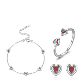 Exquisite Colorful Zircon Set S925 Sterling Silver Open Ring Bracelet Heart Stud Earrings Jewelry Set for Valentine's Day Gift