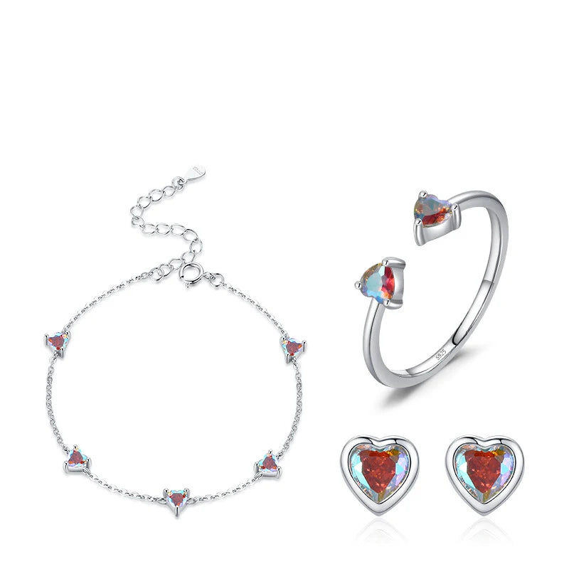 Exquisite Colorful Zircon Set S925 Sterling Silver Open Ring Bracelet Heart Stud Earrings Jewelry Set for Valentine's Day Gift