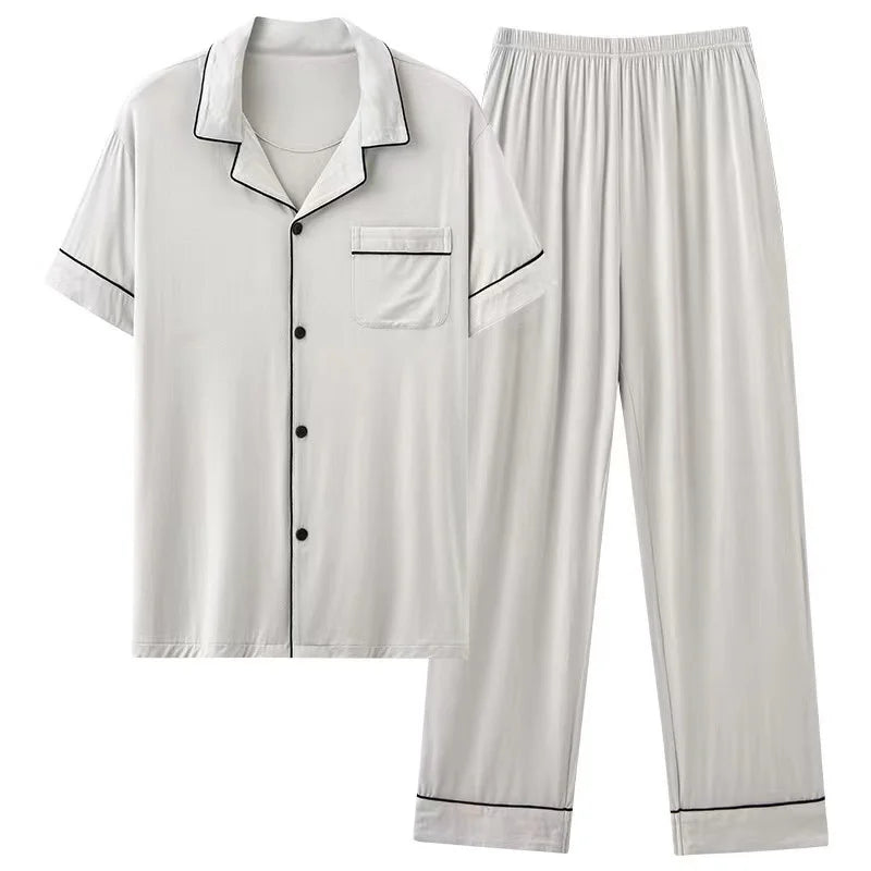 Modal Autumn Men Pajamas Set Turn-down Collar Short Sleeve Trousers Sleepwear Leisure Pijamas Night Pajamas for Home Loose Wear