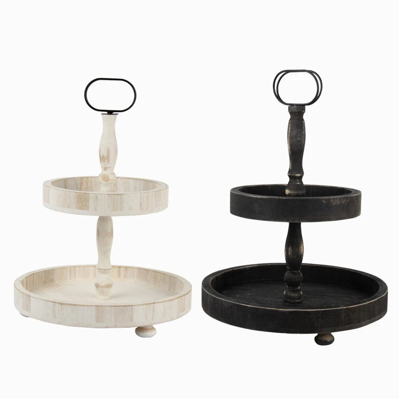 Modern Farmhouse 2-Tier Durable Eco-Friendly Wooden Serving Tray Round Design for Home Office Kitchen Indoor Art Decor