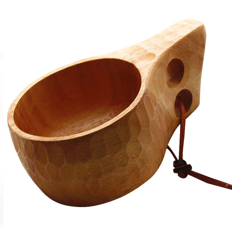Large Kuksa 300ml Eco Hand Carved Wooden Camping Mug with Two Holes Handle