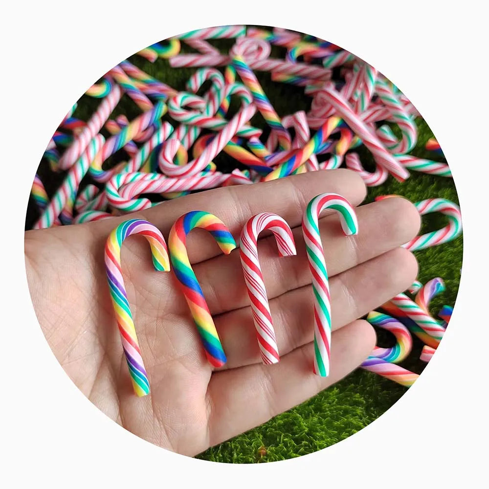 100PCS Colorful Handmade Polymer Clay Christmas Candy Cane Kawaii Miniature Food Dollhouse Home Decoration