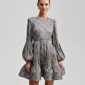 Fashion 2024 New Tea Party Clothing Crew Neck Puff Long Sleeve Spring Casual Printed Short Dresses Women Lady Elegant Vintage
