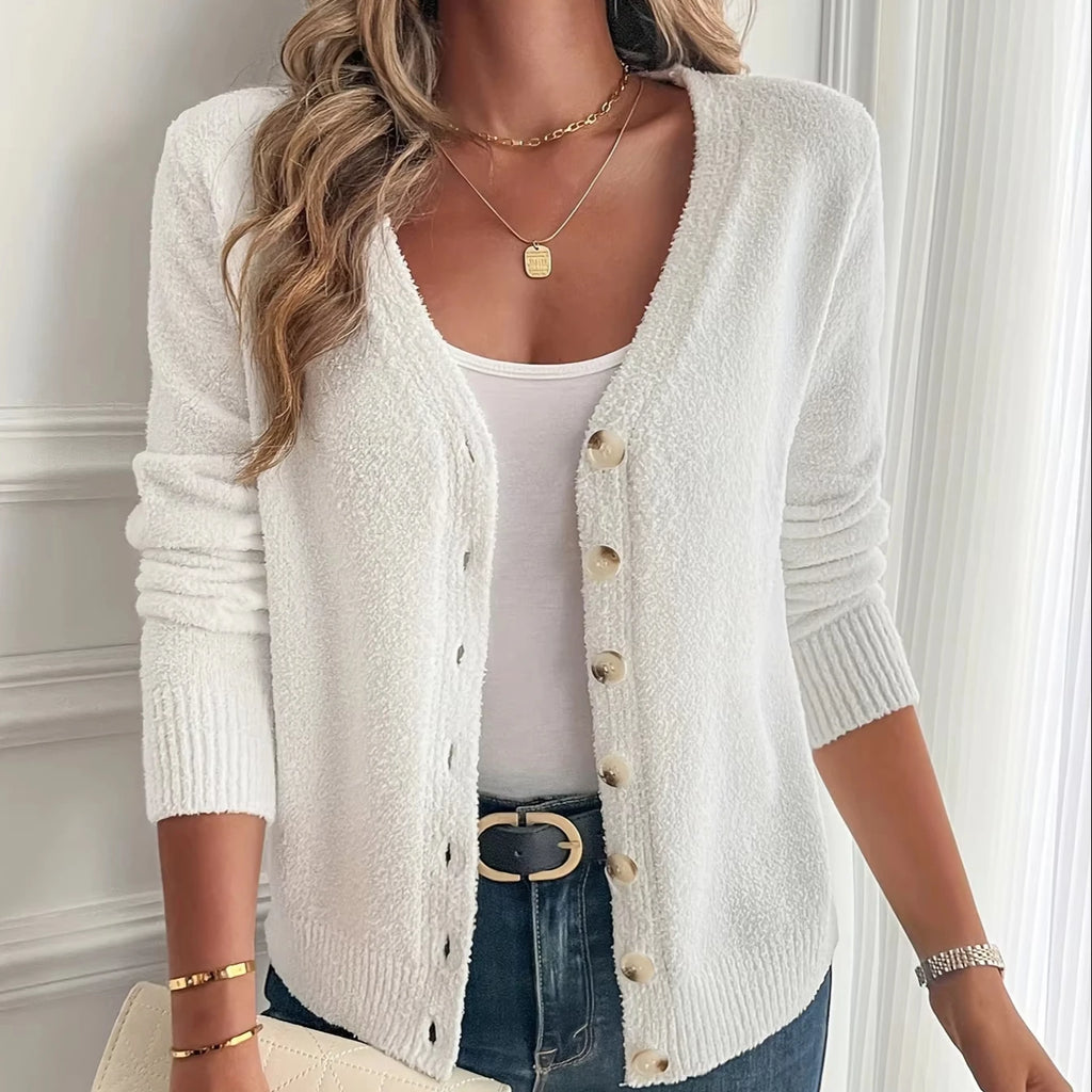Women's Casual Solid Button Front Cardigan Sweater V Neck Long Sleeve Knitted Pullover for Autumn