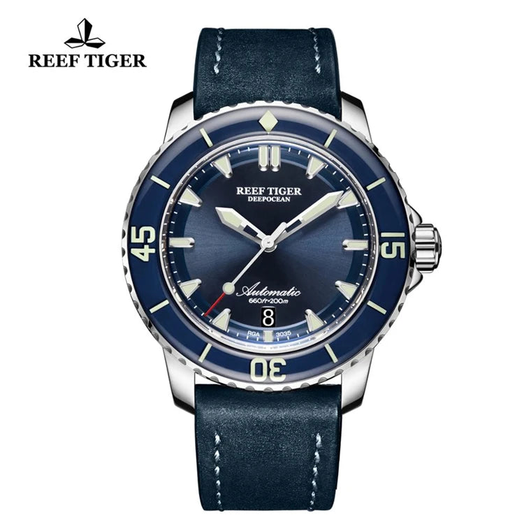 REEF TIGER RGA3035 Super Luminous Dive Watch Mens Blue Dial Analog Automatic Watches Nylon Strap Reloj Hombre