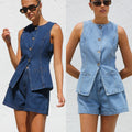 S-XXL Fashionable Sleeveless Waist Cinched Denim Vest High Waisted Loose Denim Shorts Set
