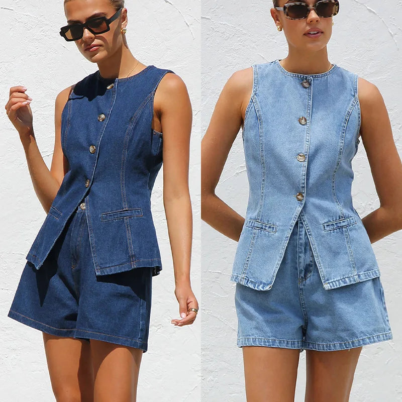 S-XXL Fashionable Sleeveless Waist Cinched Denim Vest High Waisted Loose Denim Shorts Set
