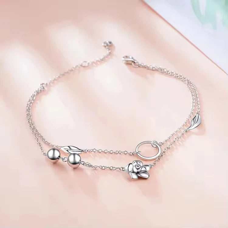 Wholesale 925 Sterling Silver Rhodium Plated Double Layered Ball Rose Flower Anklets for Women