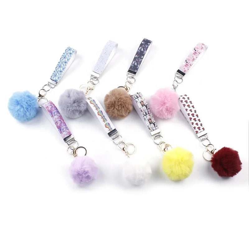 Kawaii Pom Pom Keychain Set Customized Luxury Keychain Cartoon PU Leather Keychain