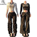 2024 Autumn Long Sleeve 2 Piece Set V Neck Print Crop Top High Waist Loose Pant 2 Piece  Set