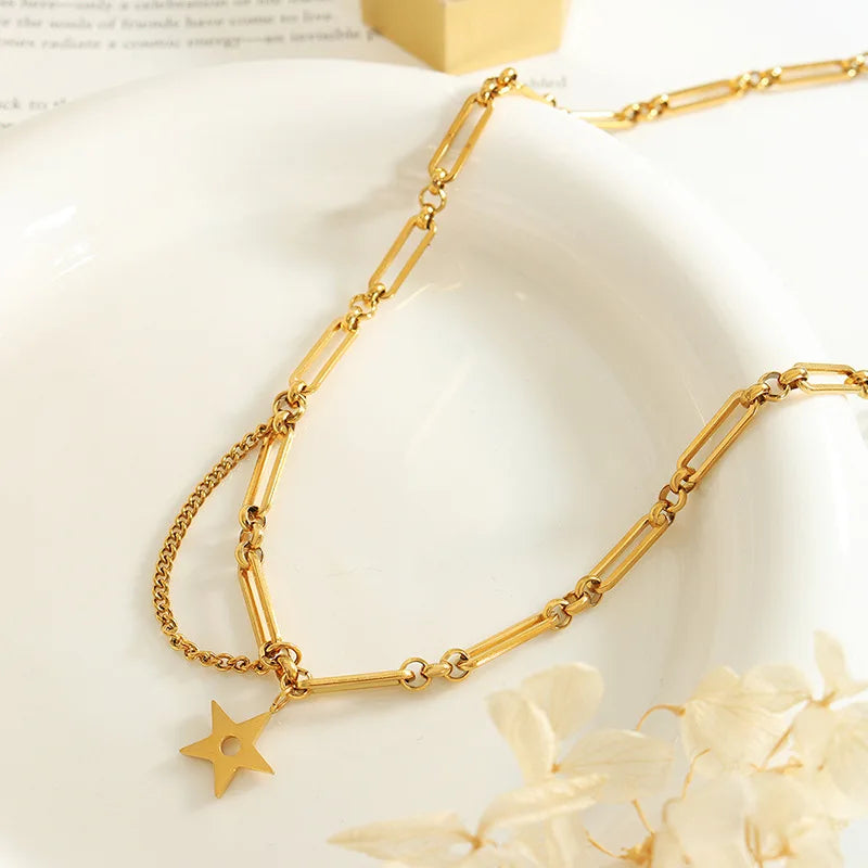 New Fashion Unique Design Cool Stainless Steel Carved Pentacle Tassels Pendant Women Chokers Necklace P788
