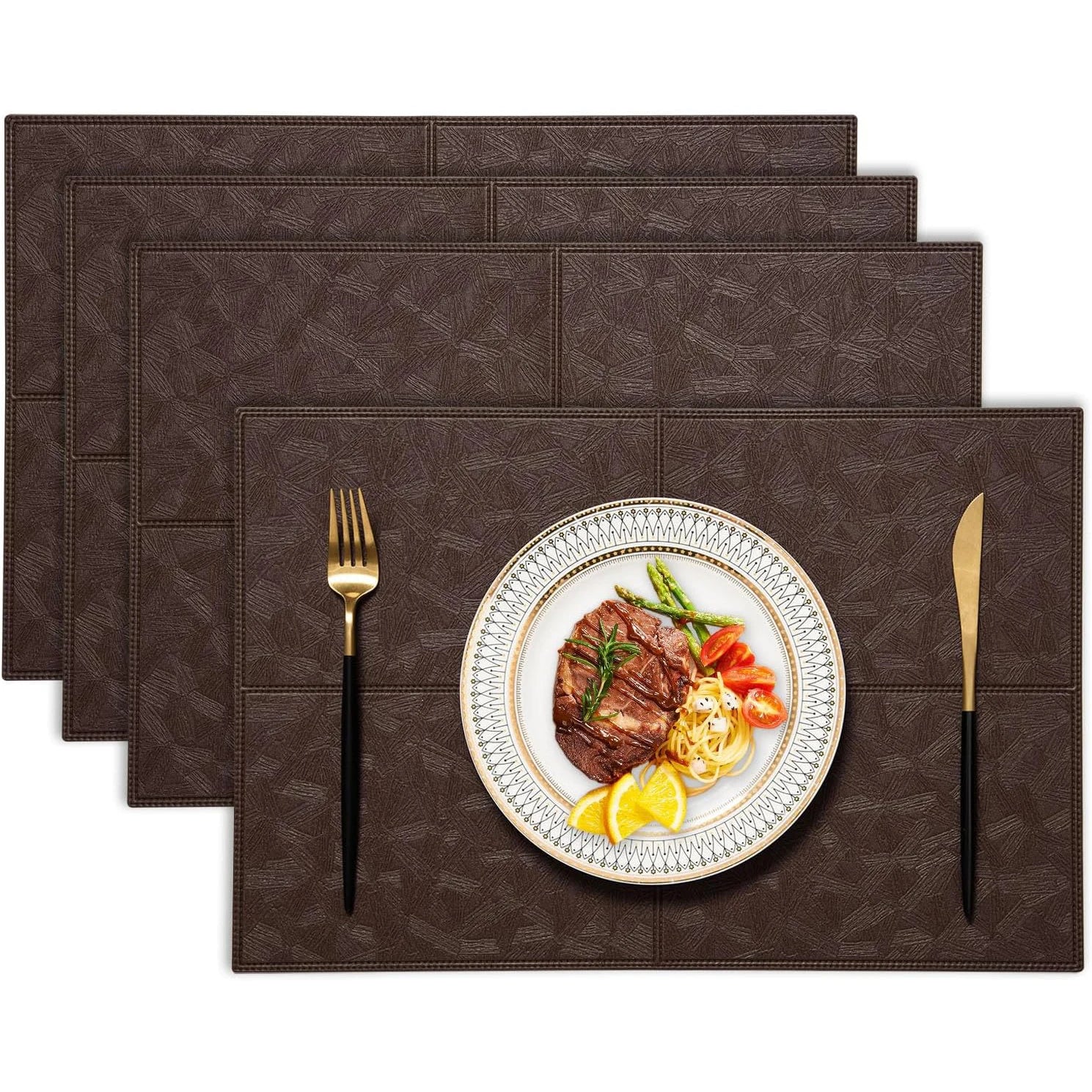 Tabletex Embossed Faux Leather Placemats Easy to Clean Waterproof Indoor & Outdoor Table Mats Stain-Proof Placemat Brown