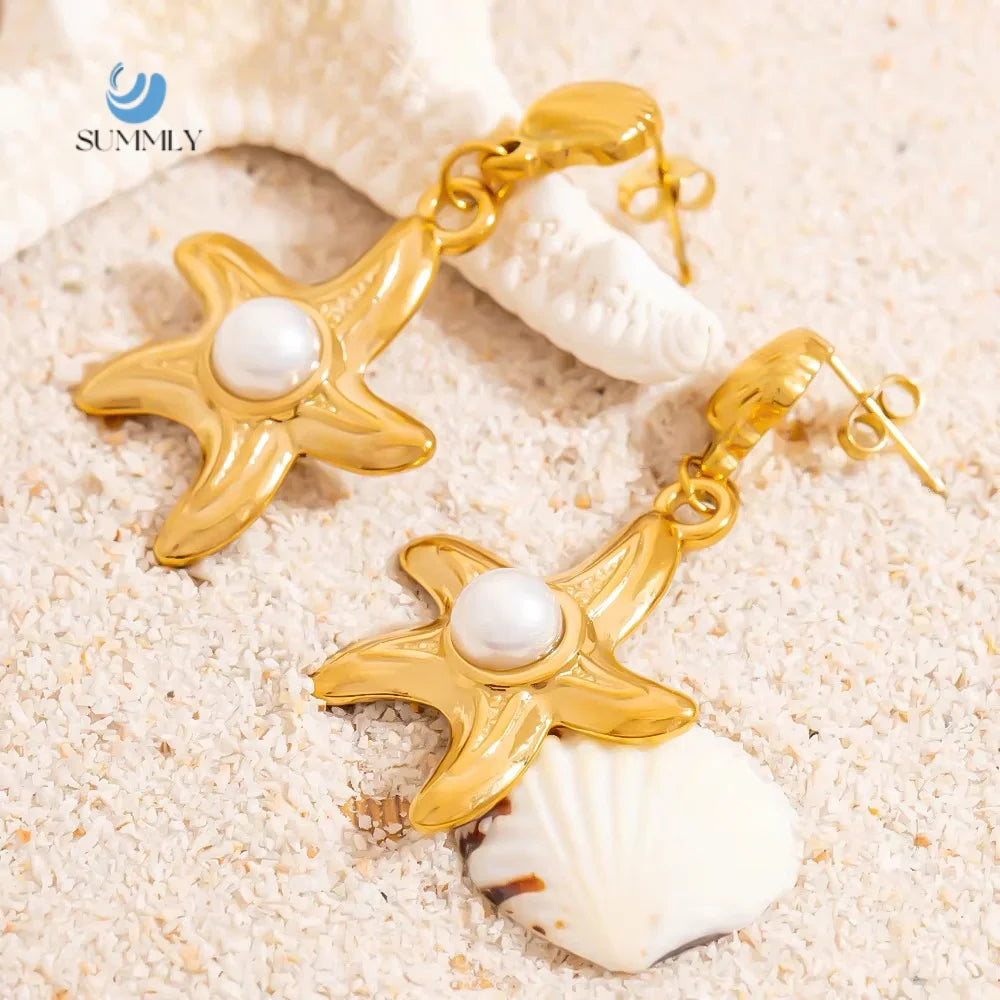 SUMMLY Trend Wholesale Simple Luxury Creative Pearl 18K Gold Plated Starfish Pendant Stainless Steel Earrings Fashion Jewelry