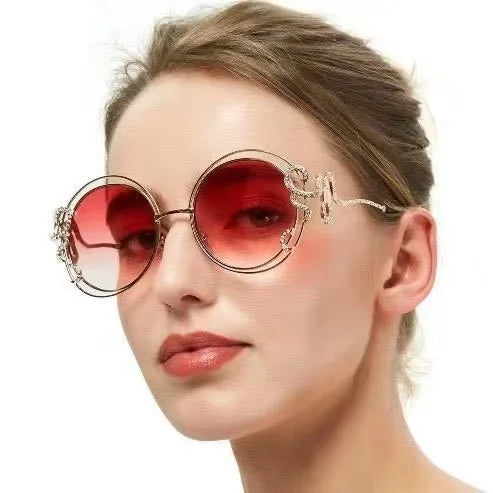 QSKY Trending Style Colorful Rhinestone Round Metal Shades Rimless UV400 Protection Circular Double-Frame Hollow Sunglasses