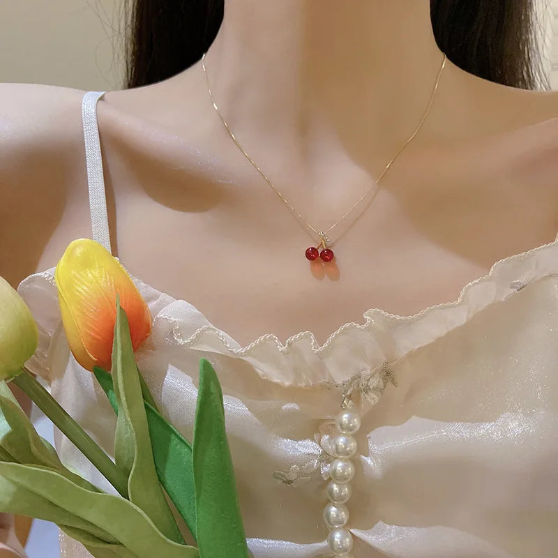 FanYue Korean Fashion Jewelry 2022 New Arrival Red Cherry Cute Gold Plated Resin Copper Pendant Necklace for Ladies Women