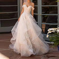 European American Off-the-Shoulder Mori Beach Wedding Dress Embroidered Lace A-line Skirt Empire Silhouette 100% Polyester