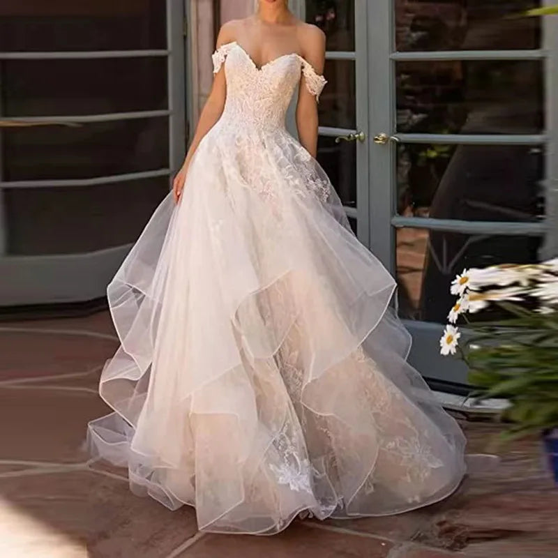 European American Off-the-Shoulder Mori Beach Wedding Dress Embroidered Lace A-line Skirt Empire Silhouette 100% Polyester